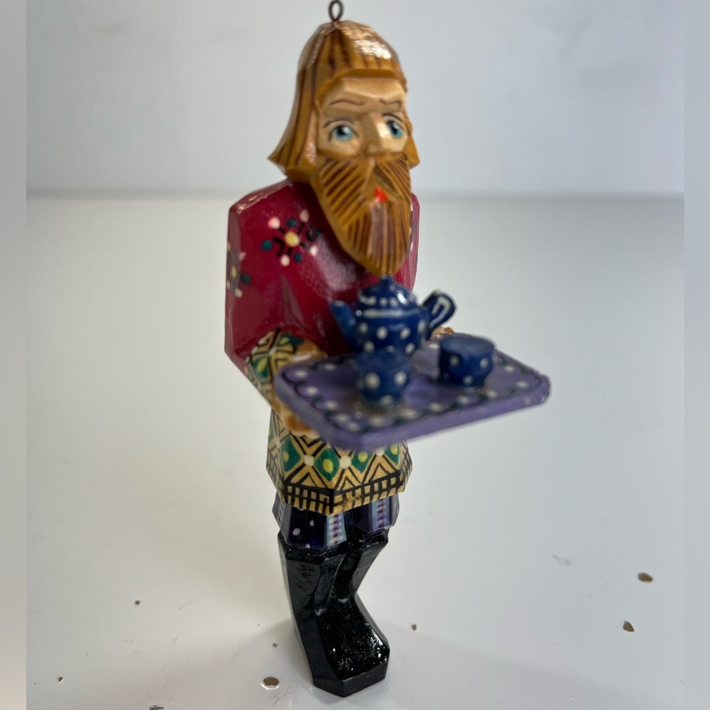Vintage Russian Man W/coffee urn Folk Art Carved Wood Hand Painted Ornament 4.75